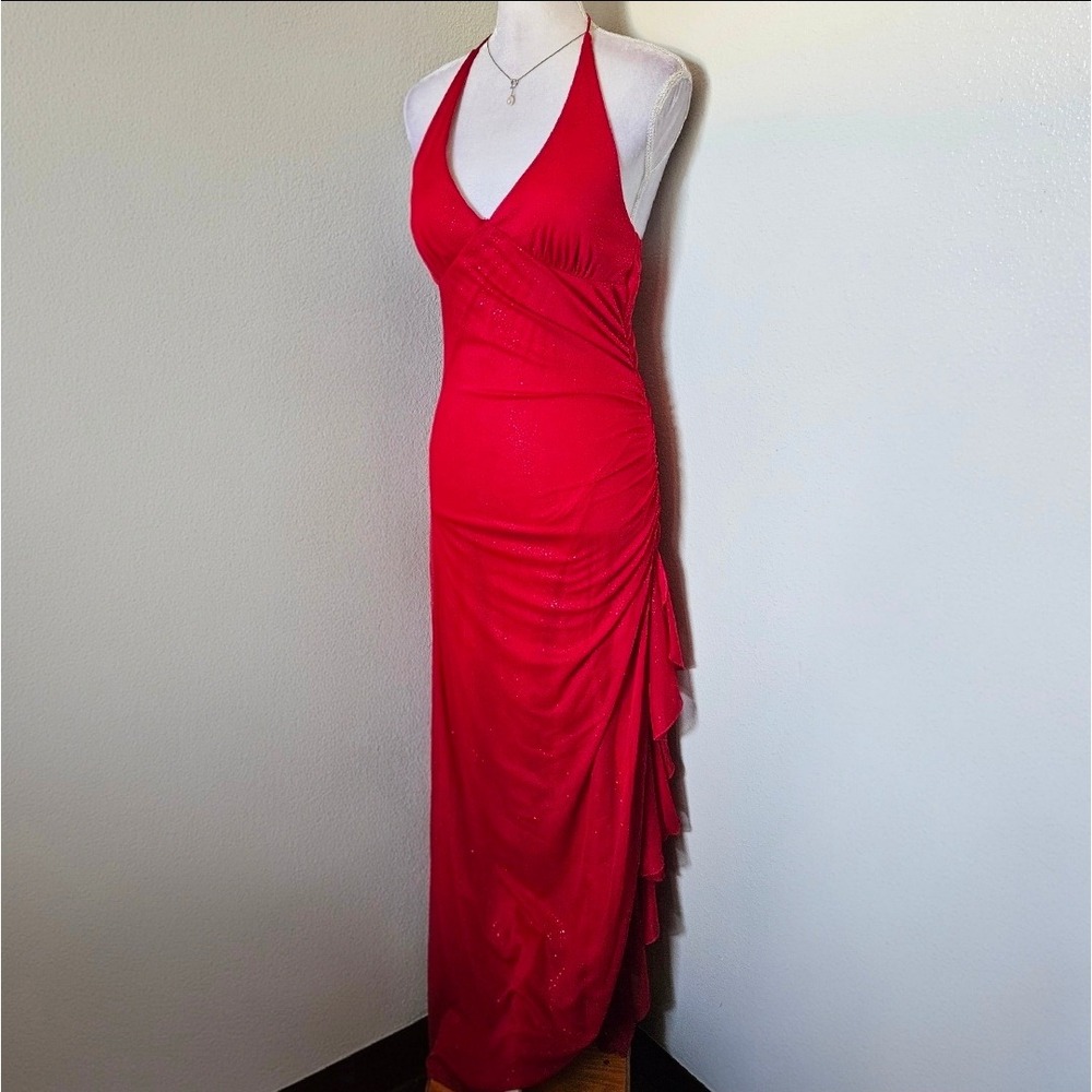 Vintage City Triangles Red Glitter Mesh Halter Maxi Dress Ruffle Slit AS IS